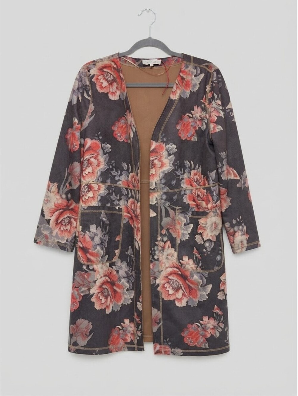 Solitaire Floral Faux Suede Long Cardigan Duster Jacket Womens Size Large L